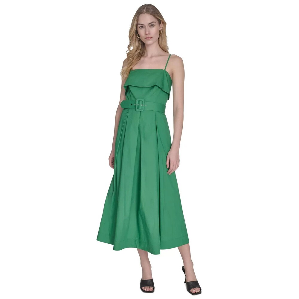 Vince Camuto Women's Cotton Belted Foldover-Neck Midi Dress Grass Green Size 6